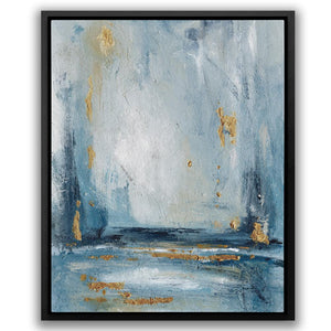 a painting of blue and gold on a white background