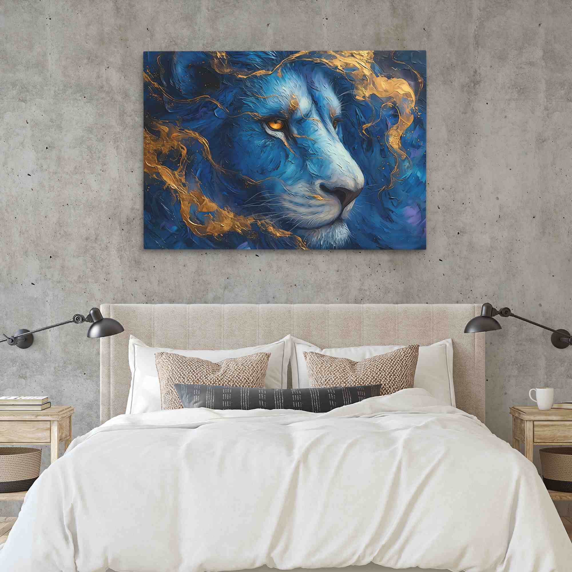 a painting of a blue lion on a white wall