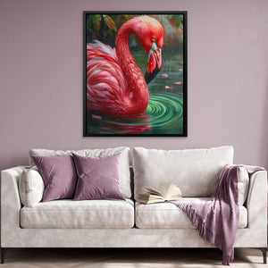 a living room with a couch and a painting of a pink flamingo