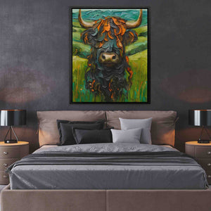 a painting of a bull on a wall above a bed