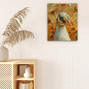 a painting of a peacock on a white wall