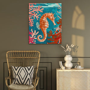 a painting of a sea horse on a wall next to a chair