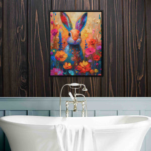 a bathroom with a tub and a painting on the wall