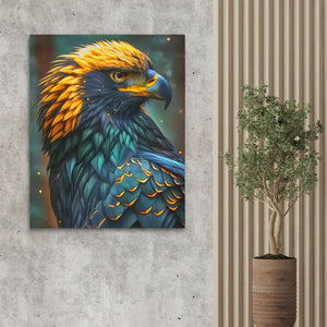 a painting of a bird on a wall next to a potted plant