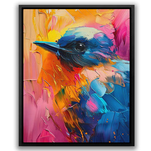 a painting of a colorful bird on a white background