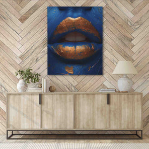 a painting of a gold lips on a blue background