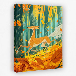 a painting of a deer running through a forest