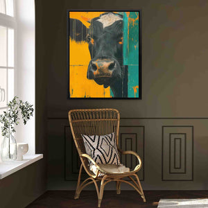 a chair in a room with a cow painting on the wall