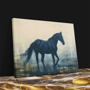 a painting of a black horse on a marble surface