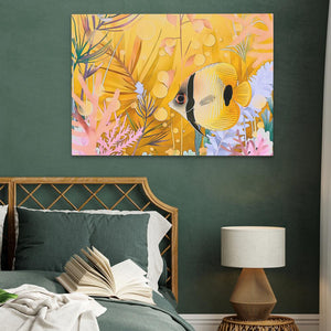 a painting of a fish on a green wall above a bed