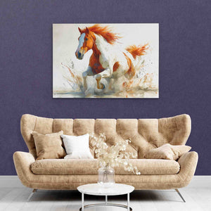 a living room with a couch and a horse painting on the wall