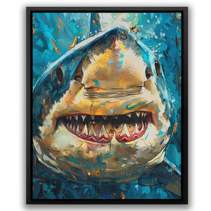 a painting of a shark with its mouth open