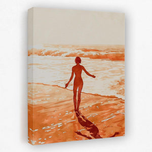 a painting of a woman walking on the beach