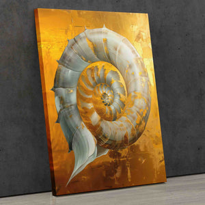 a painting of a gold and white shell