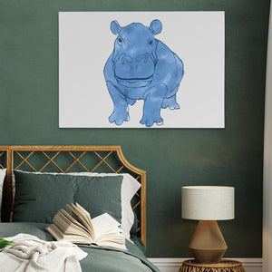 a picture of a rhino on a wall above a bed