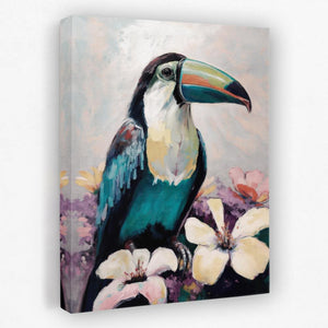 a painting of a toucan sitting on a flower