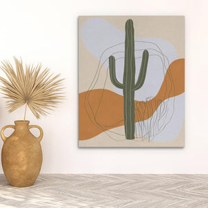 a painting of a cactus on a wall next to a potted plant