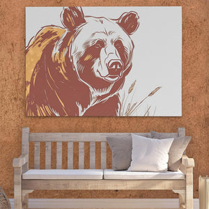 a painting of a bear on a wall next to a bench