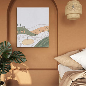 a bedroom with a bed, plant and a painting on the wall