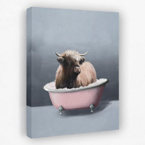 a painting of a cow sitting in a bathtub