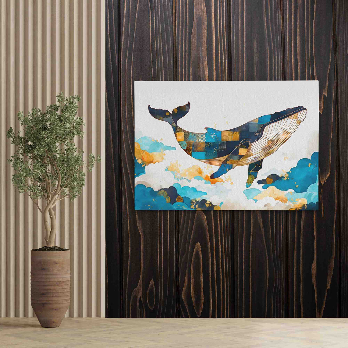 a painting of a whale on a wall next to a potted plant