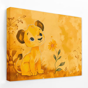 a painting of a lion cub sitting in a field of flowers