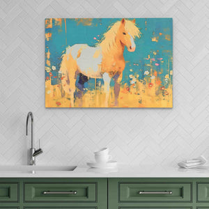 a painting of a horse on a wall above a kitchen sink