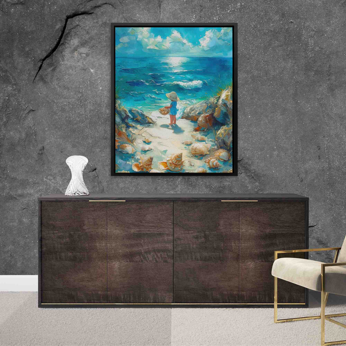 a painting of a man and a woman standing on a beach