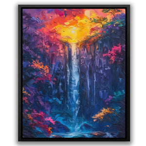 a painting of a waterfall in the middle of a forest