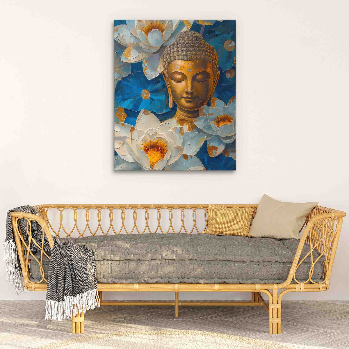 a living room with a couch and a painting on the wall