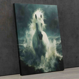 a painting of a white horse in the ocean