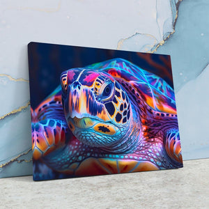 a close up of a colorful turtle on a marble surface