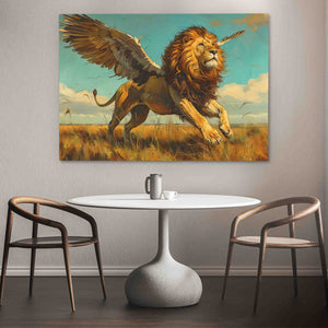 a painting of a lion on a wall above a table