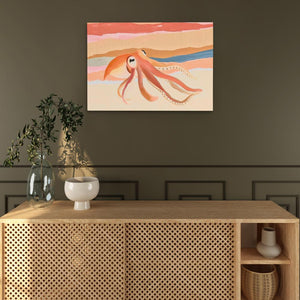 a painting of an octopus on a wall above a wooden cabinet