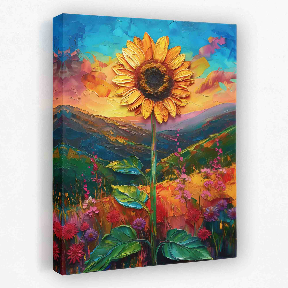 a painting of a sunflower in a field