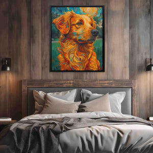 a painting of a golden retriever on a wall above a bed