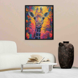 a painting of a giraffe in a living room