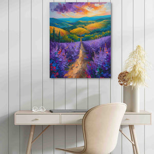 a painting of a lavender field with a road going through it