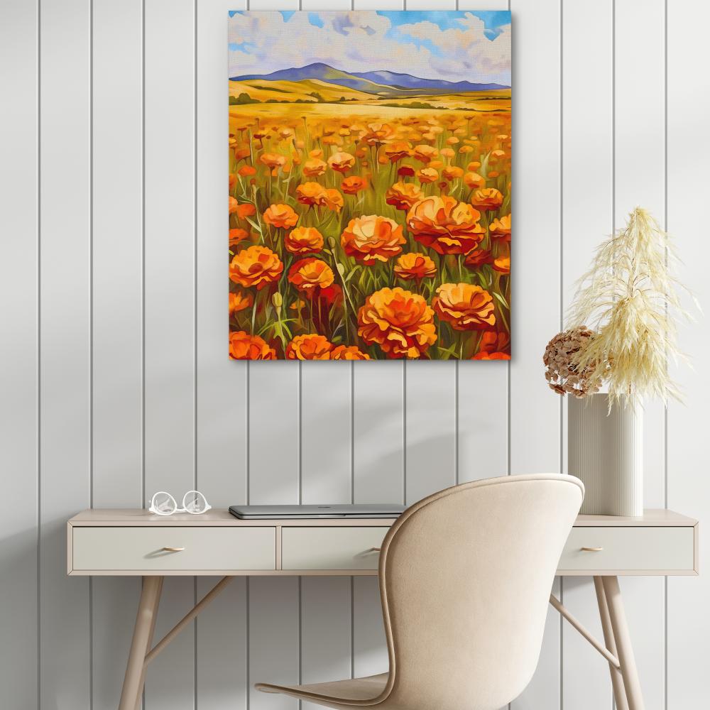 a painting of a field of orange flowers