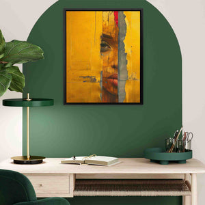 a painting of a man's face on a green wall