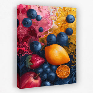 a painting of blueberries, oranges and apples