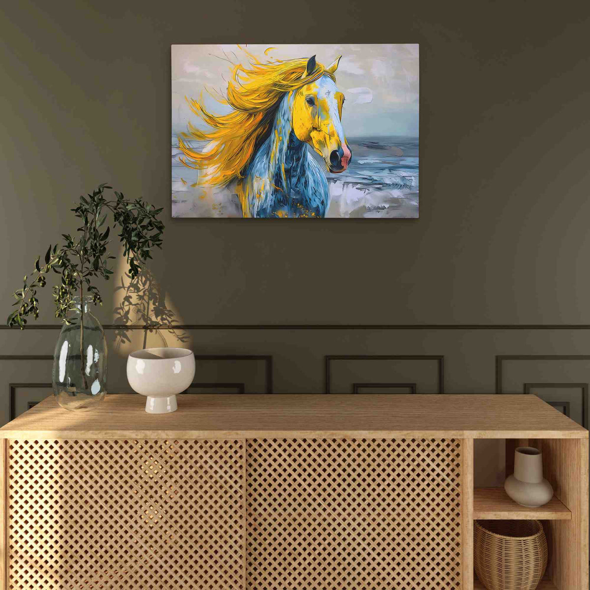 a painting of a horse on a wall
