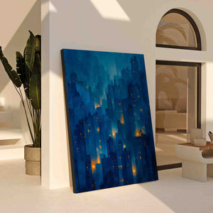 a painting of a cityscape is shown in a living room