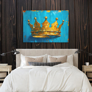 a painting of a crown on a wall above a bed