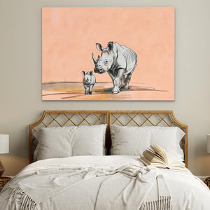 a painting of a rhino and her baby on a wall above a bed