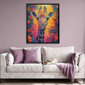 a painting of a giraffe in a living room
