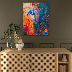 a painting of a colorful peacock on a wall