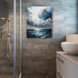 a bathroom with a sink and a painting on the wall