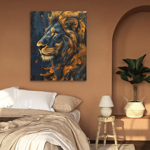 a painting of a lion on a wall above a bed