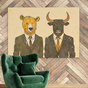 a green chair sitting in front of a wall with a picture of a bear and